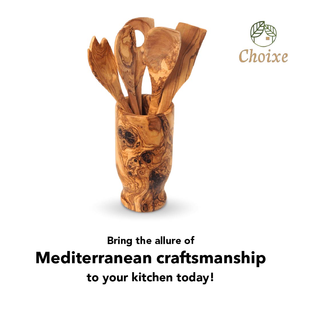 Olive Wood Kitchen Utensil Set 6-Piece Hand-Carved Servers With Holder