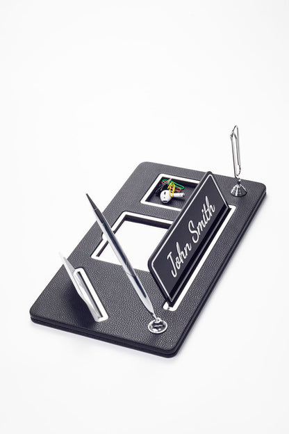 Organizer Leather Desk Nameplate Chrome Detailed