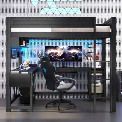 Gaming Loft Bed With Desk, Storage Shelves, LED And Charging Station