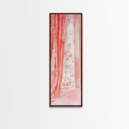 Curtain Reflection Canvas Print, soft floral vintage curtain painting with romantic pink tones, elegant tall skinny wall art for bedroom.