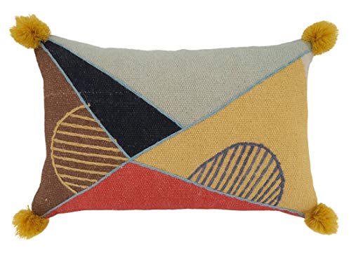 Fennco Styles Pom Pom Geometric Embroidered Cotton Decorative Throw Pillow 20" W x 20" L - Blue Cushion for Home, Couch, Living Room and Office Décor