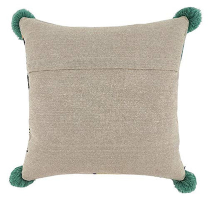 Fennco Styles Pom Pom Geometric Embroidered Cotton Decorative Throw Pillow 20" W x 20" L - Blue Cushion for Home, Couch, Living Room and Office Décor