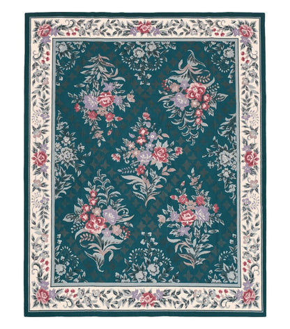 Chinese Needlepoint Rug 8x10, Vintage Green Area Rug, Hand-Woven Flatweave Floral European Design Carpet Wool Handmade 8x 10 Living Room Rug
