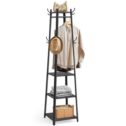 Modern Farmhouse Black Metal Coat Rack Entryway Hall Tree with Grey Wood Shelves