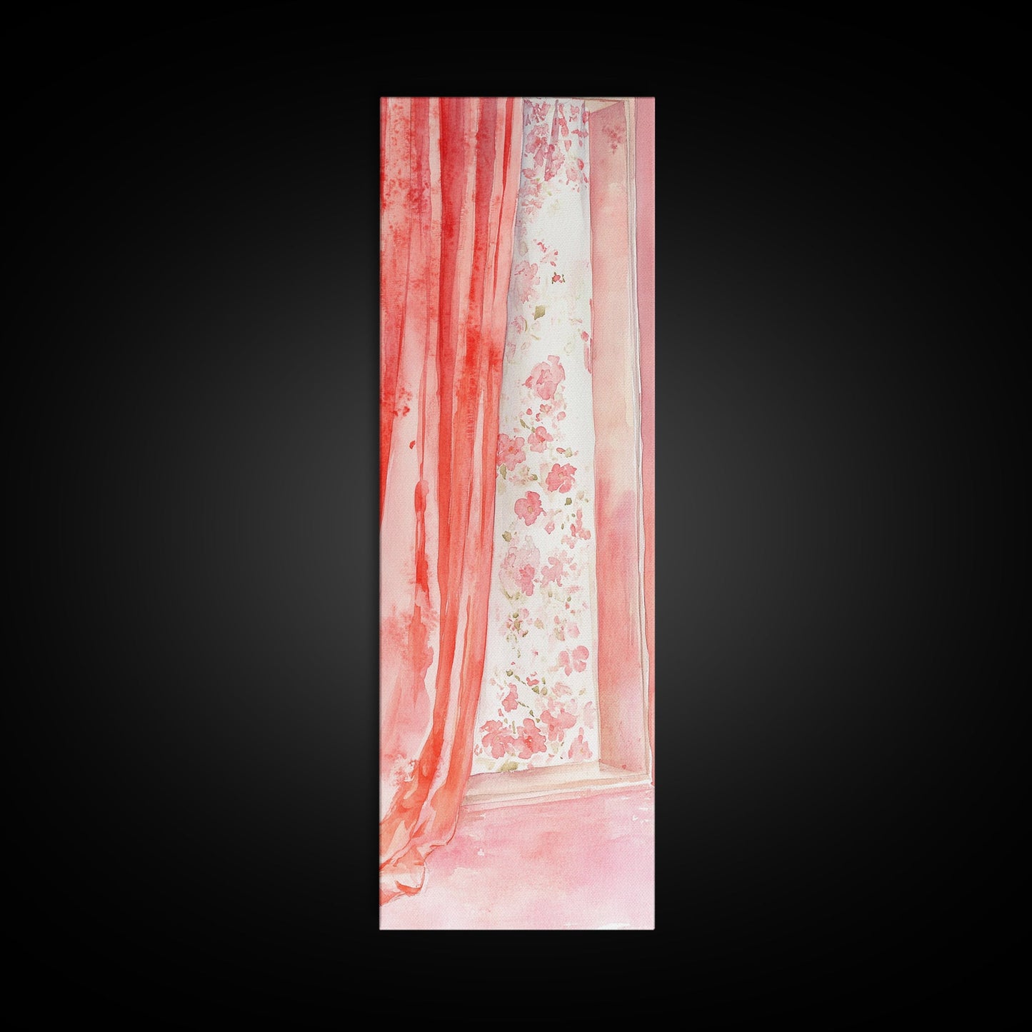 Curtain Reflection Canvas Print, soft floral vintage curtain painting with romantic pink tones, elegant tall skinny wall art for bedroom.
