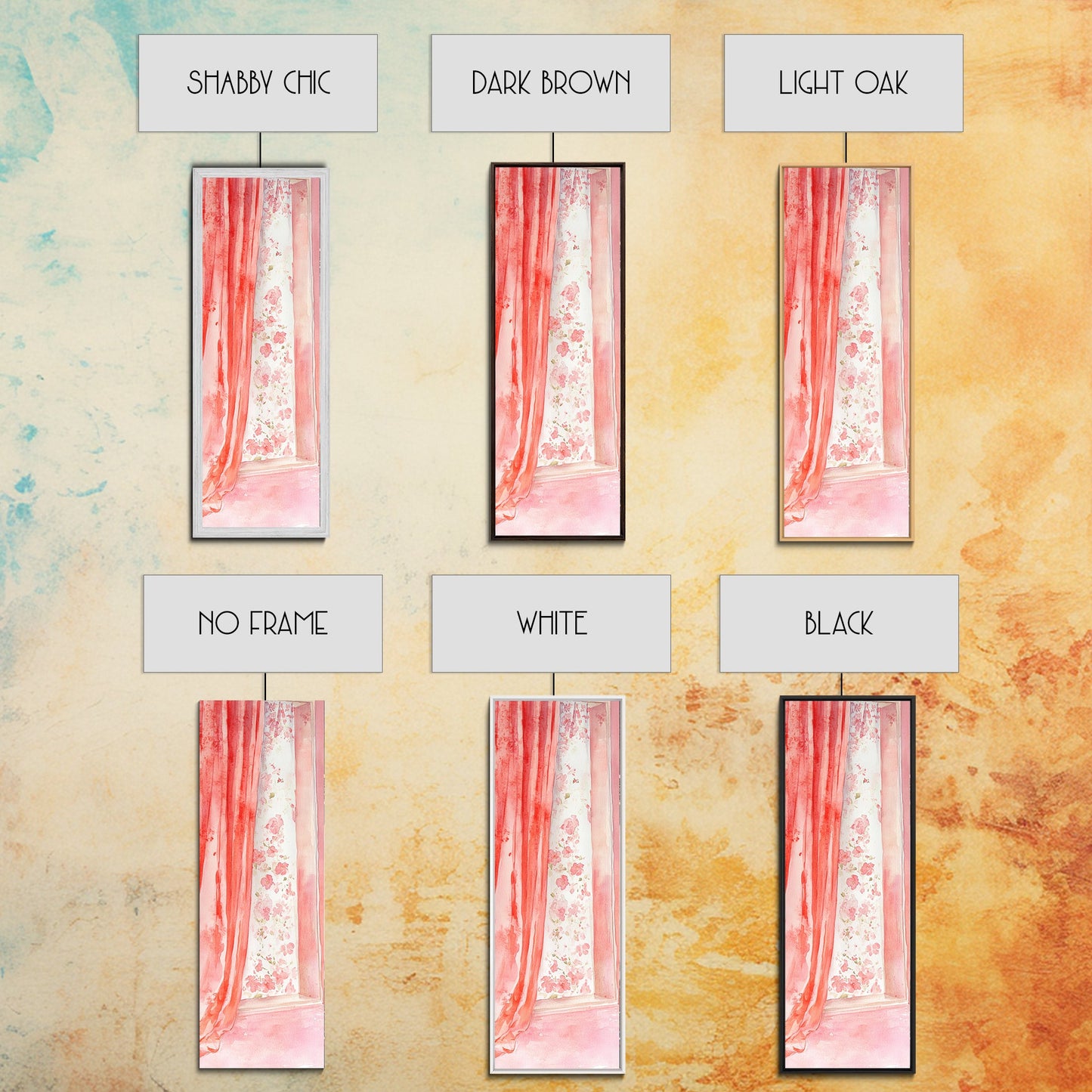 Curtain Reflection Canvas Print, soft floral vintage curtain painting with romantic pink tones, elegant tall skinny wall art for bedroom.