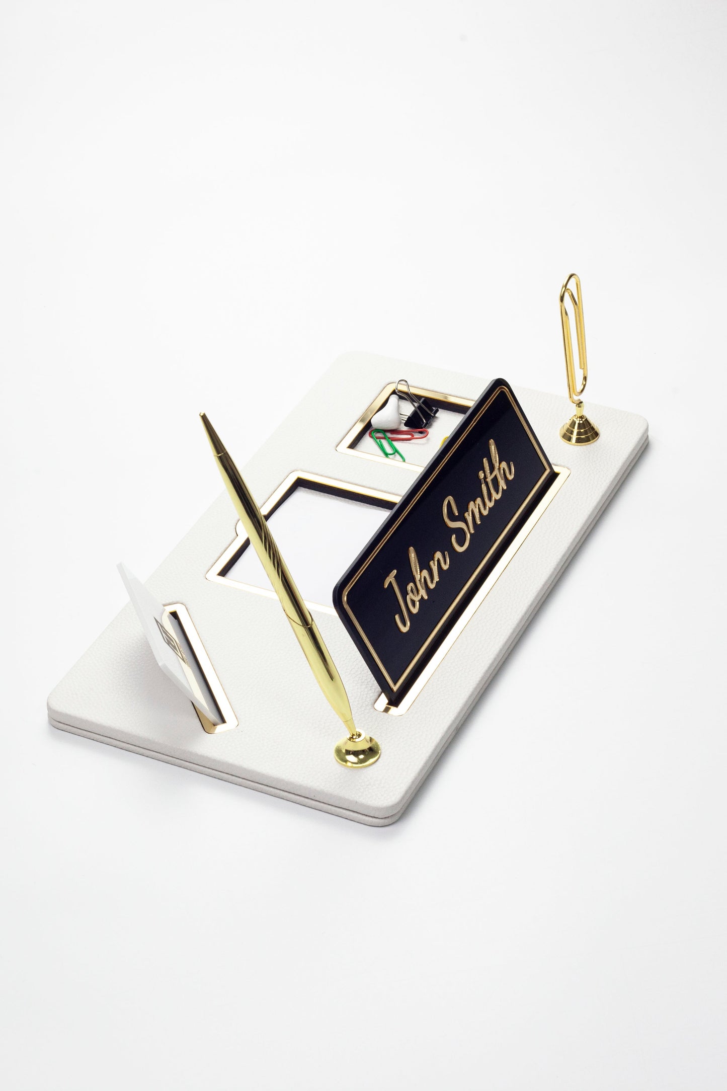 Organizer Leather Desk Nameplate Chrome Detailed