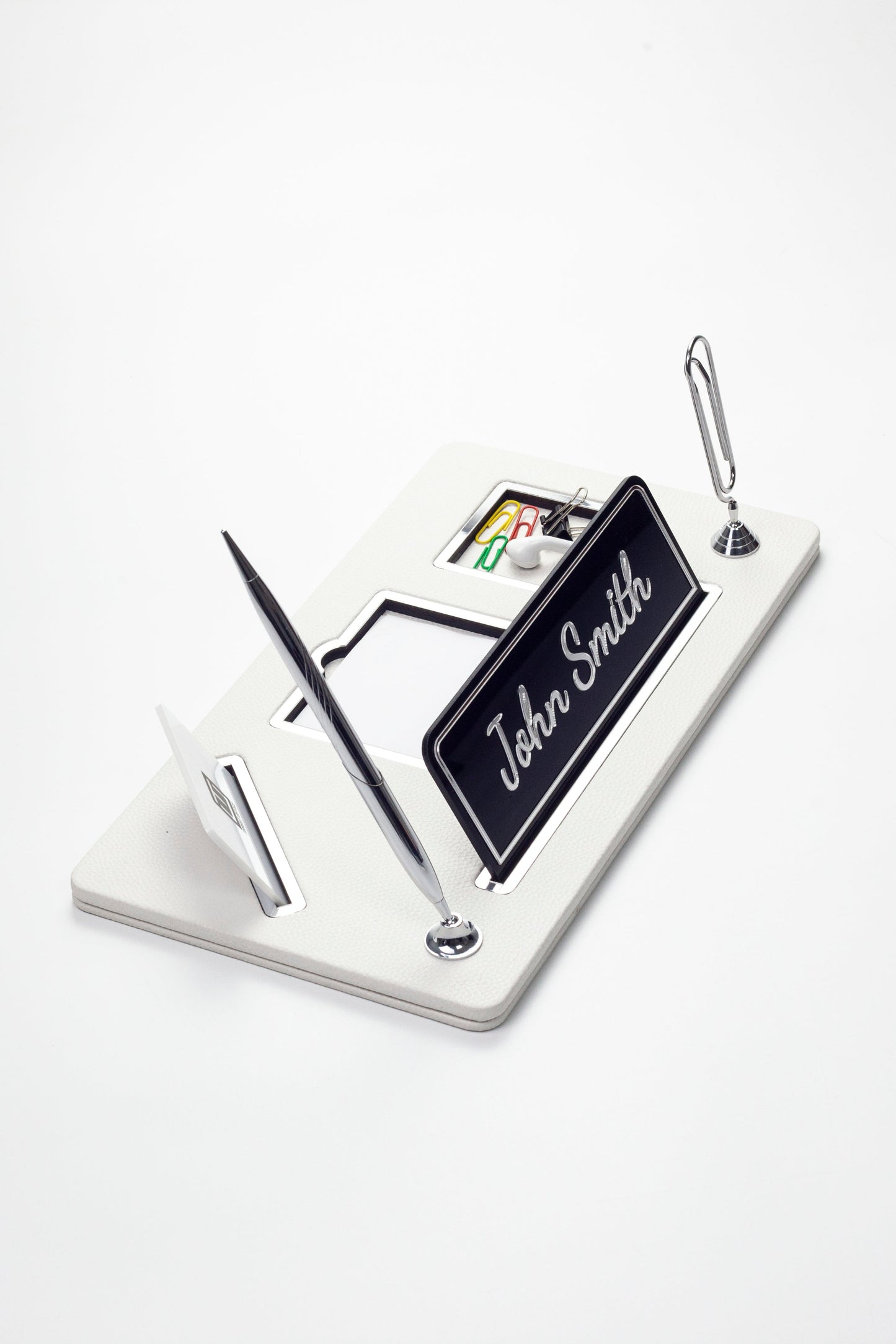 Organizer Leather Desk Nameplate Chrome Detailed