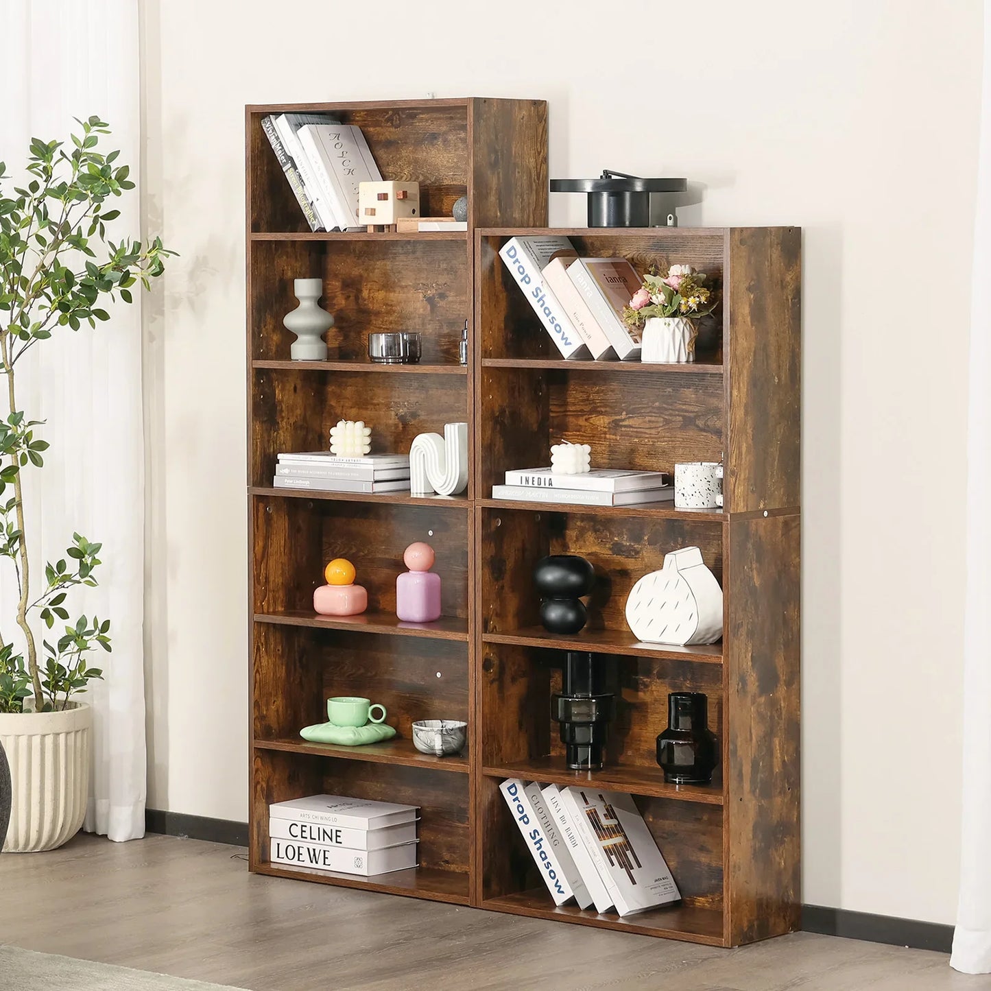 JHK 6 Tier Wooden Shelf Bookcase 63 Inch Tall Floor Standing Open Bookshelf for Living Room and Home Office Personalized Storage