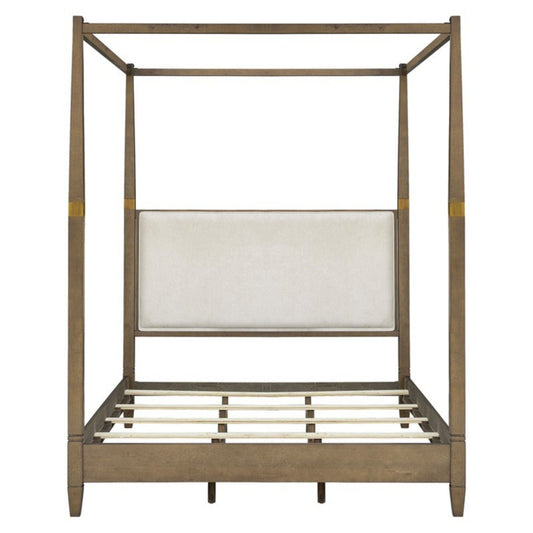 Queen Canopy Bed Frame With Upholstered Headboard - Brown