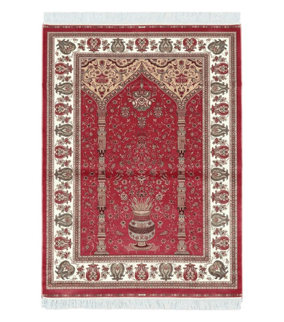 4 x 6 Silk Carpet Red, Traditional Oriental Rug 4x6, Flower Vase Columns, Turkish Rug New, High Quality, Bamboo Silk, Area Rug