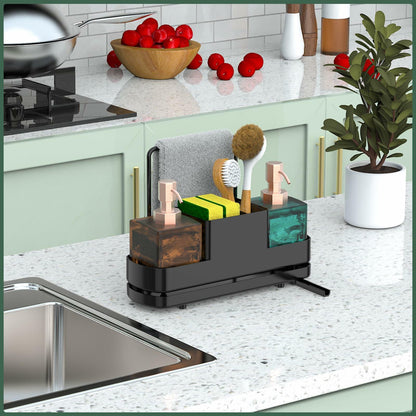 FUNKYLEE Kitchen Sink Sponge Holder Caddy with Brush Holder & Soap Dispenser