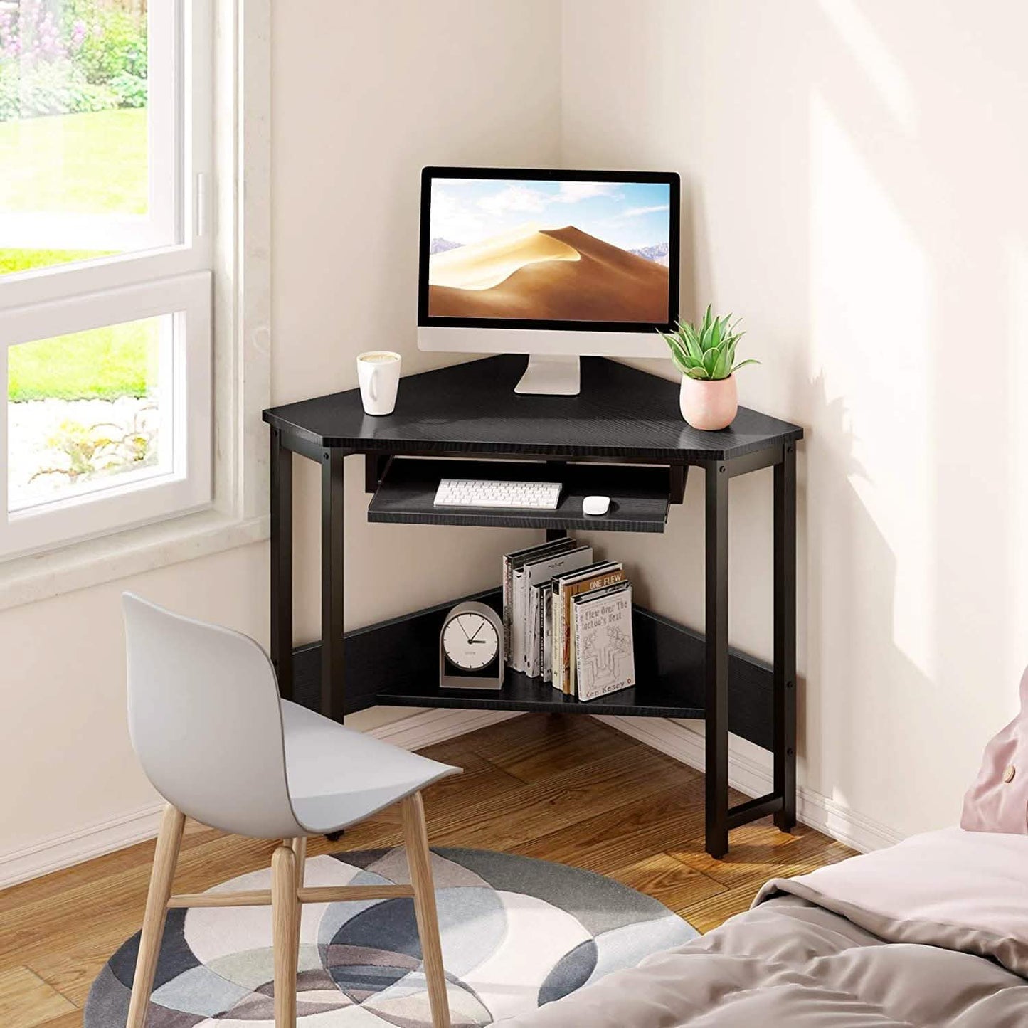 Triangle Computer Desk, Smooth Keyboard Tray& Storage Shelves