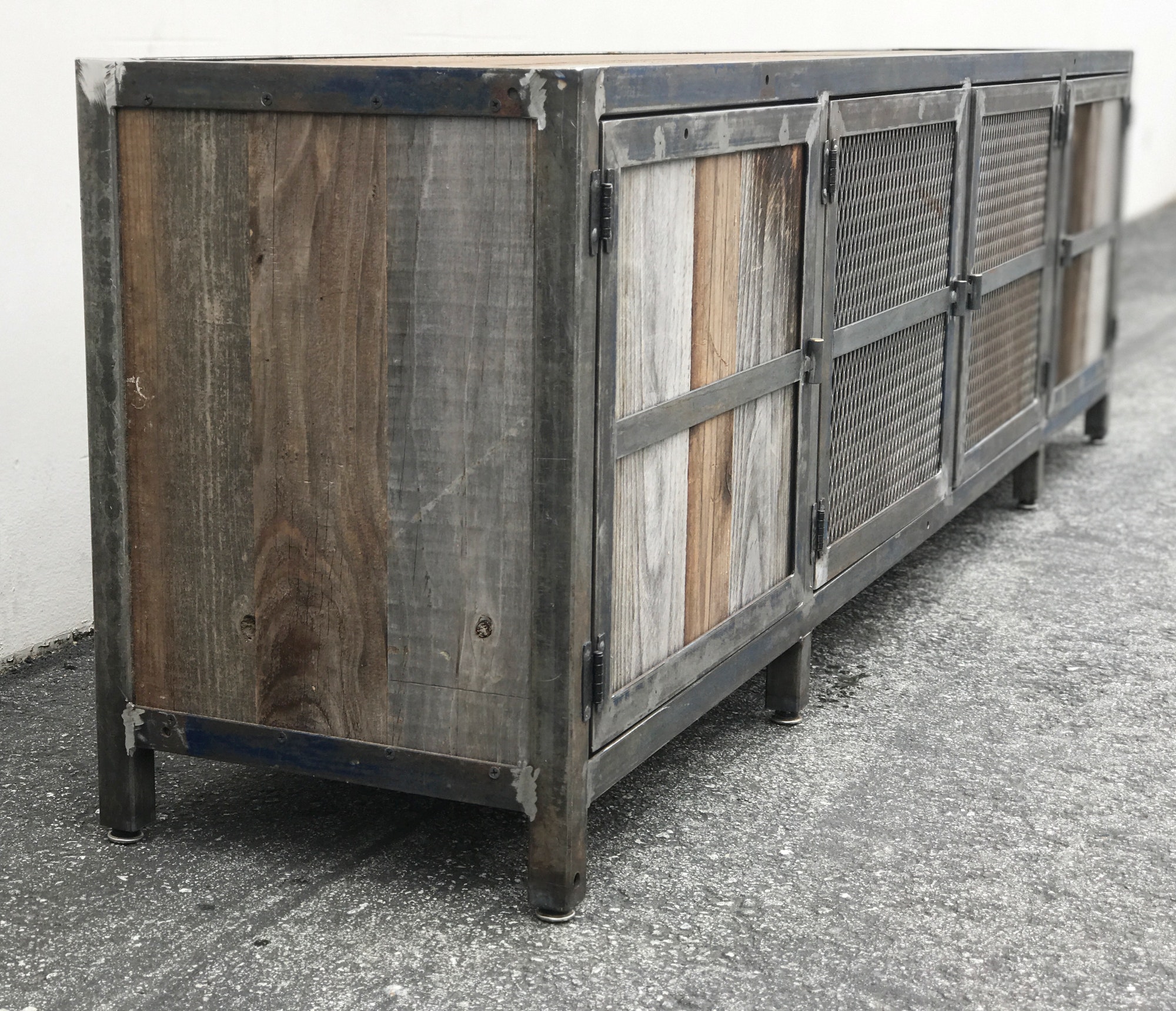 Industrial metal reclaimed rustic weathered wood cabinet furniture storage